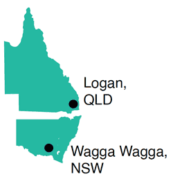 Map outline of Queensland and New South Wales, pinpointing Logan between Brisbane and the Gold Coast in Queensland and Wagga Wagga between Sydney and Melbourne in New South Wales