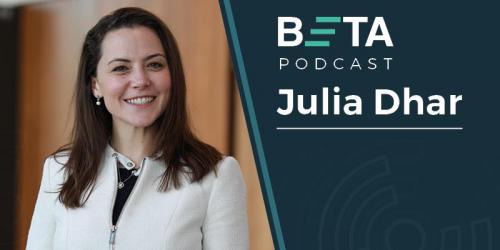 Image of Julia Dhar. She is smiling. The text reads: BETA podcast, Julia Dhar